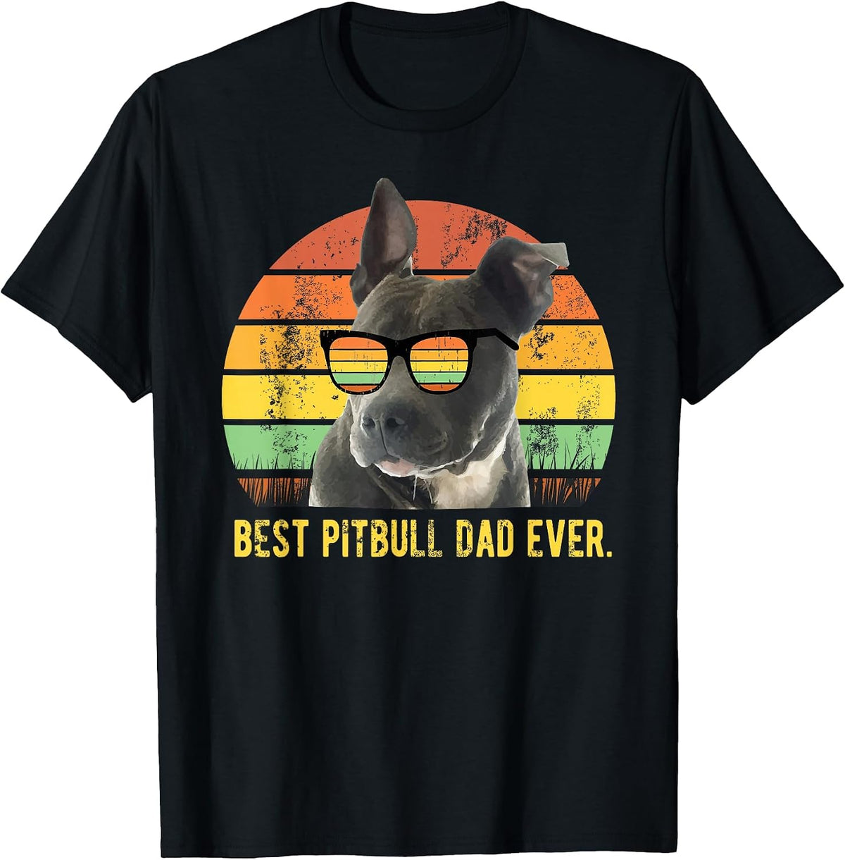 Best Pitbull Dad Ever Retro Sunset Vintage Pit Bull Father T-Shirt - Black