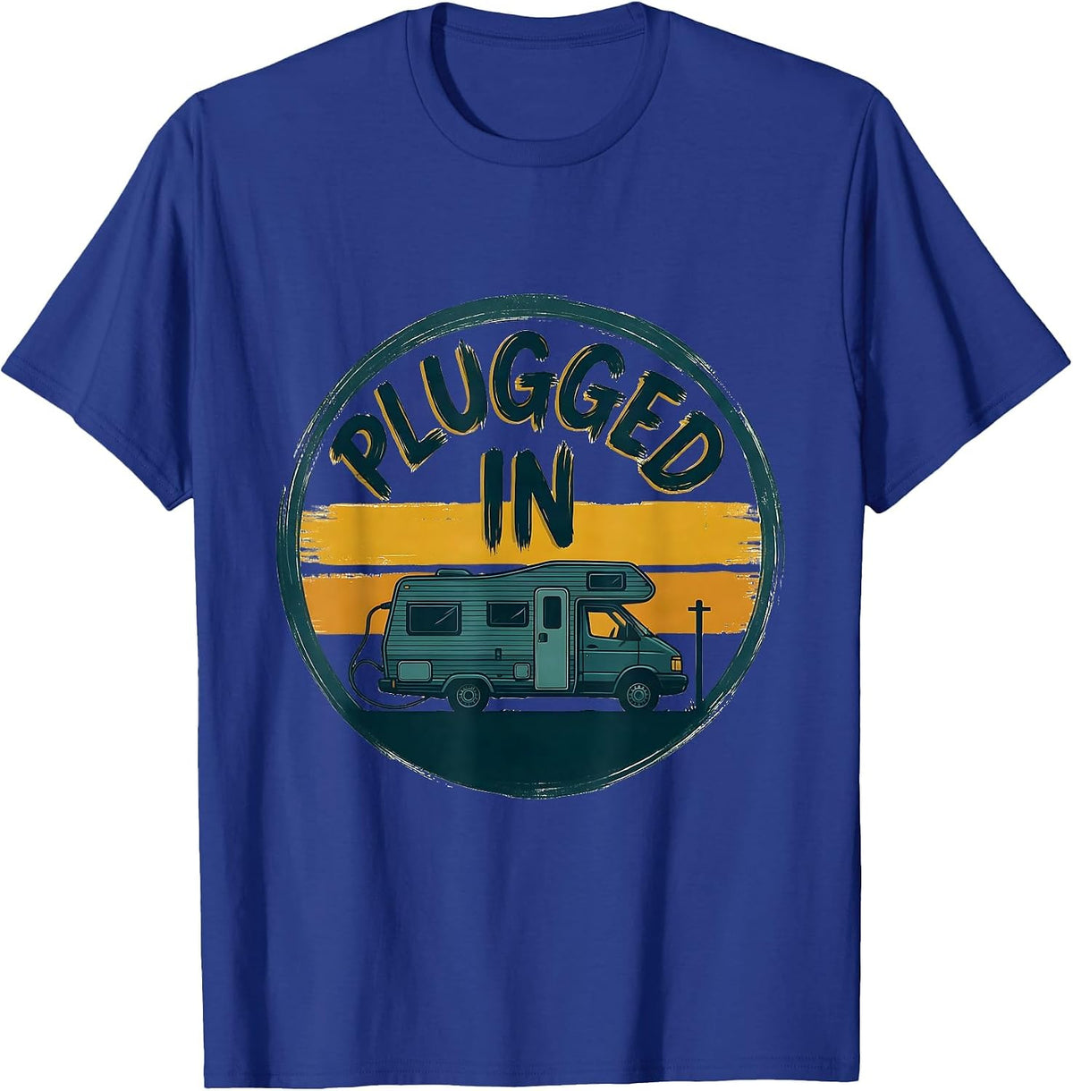 Men's Plugged In Retro Van Life Nomads Camper Badge T-Shirt - Royal Blue