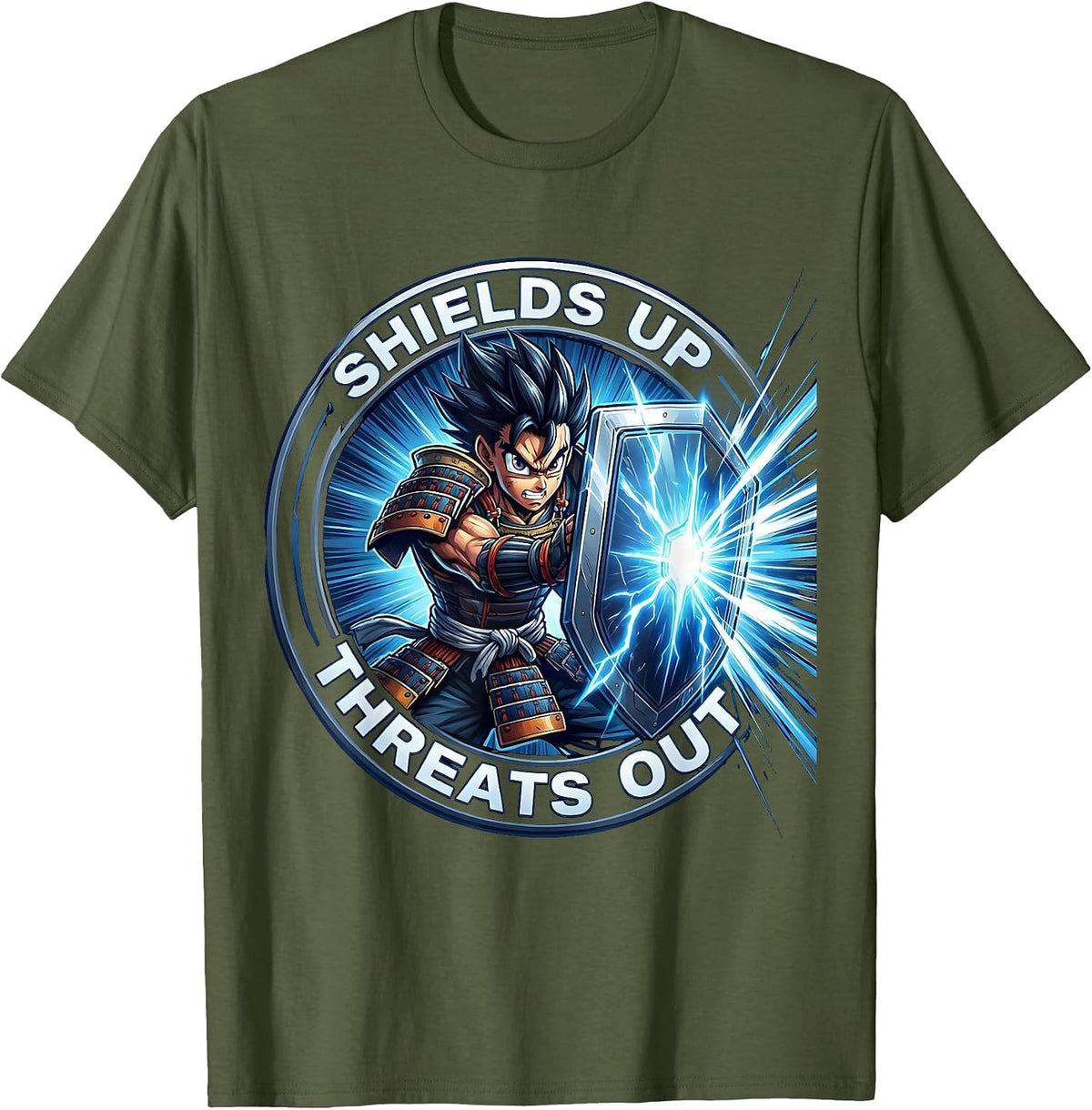 Shields Up Threats Out Cybersecurity Design T-Shirt - Olive Green