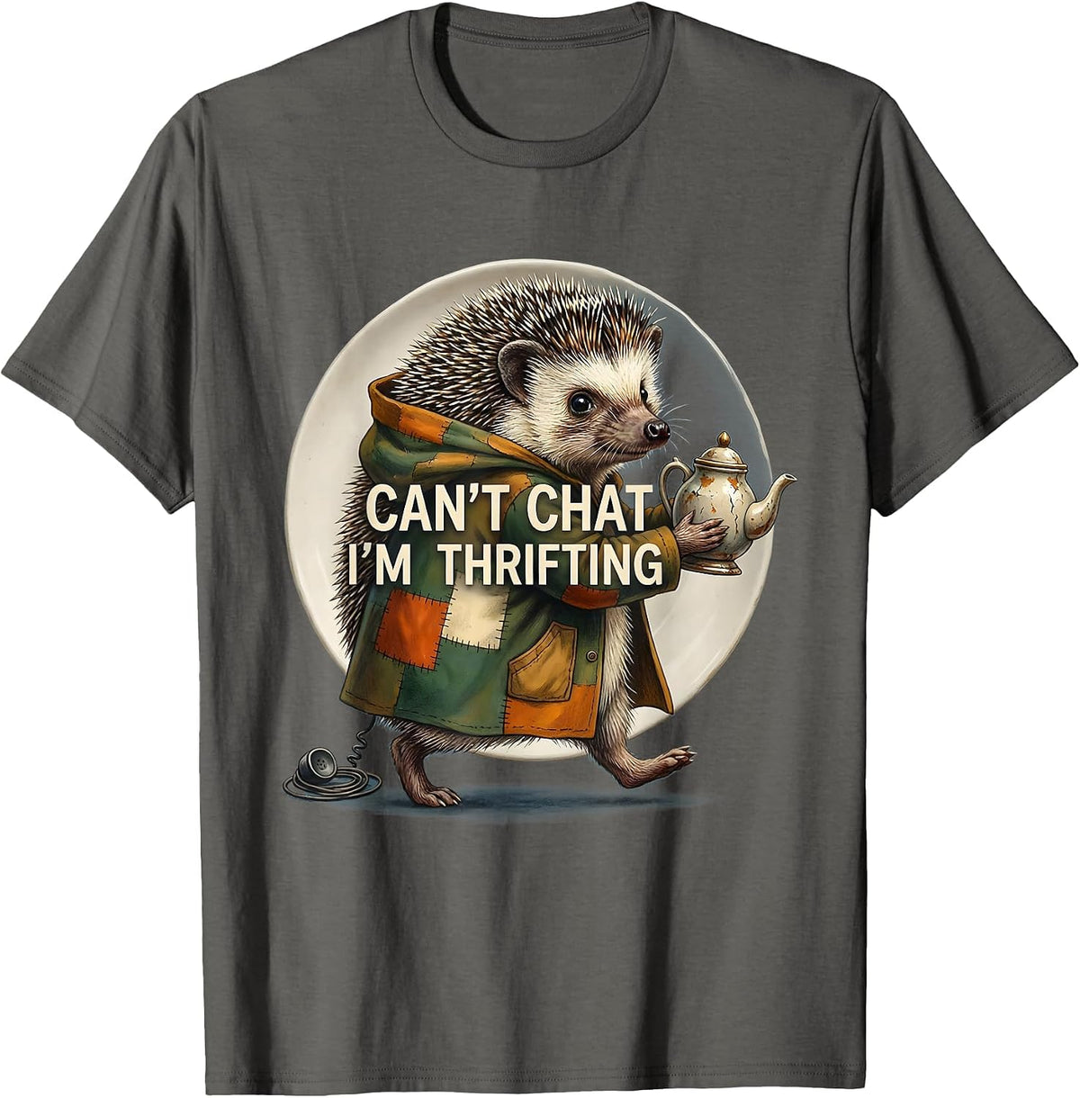 Men's Can't Chat, I'm Thrifting Funny Hedgehog Thrifting Collector T-Shirt - Asphalt Grey