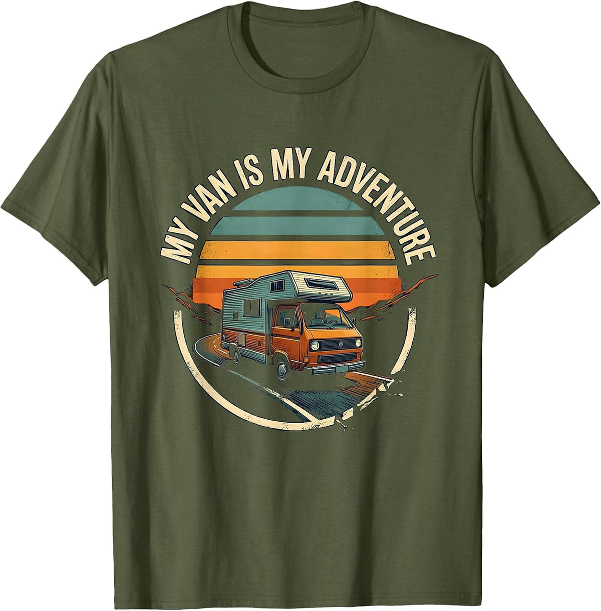 Men's My Van Is My Adventure Vintage Van Life Road Trip Nostalgia T-Shirt - Olive Green