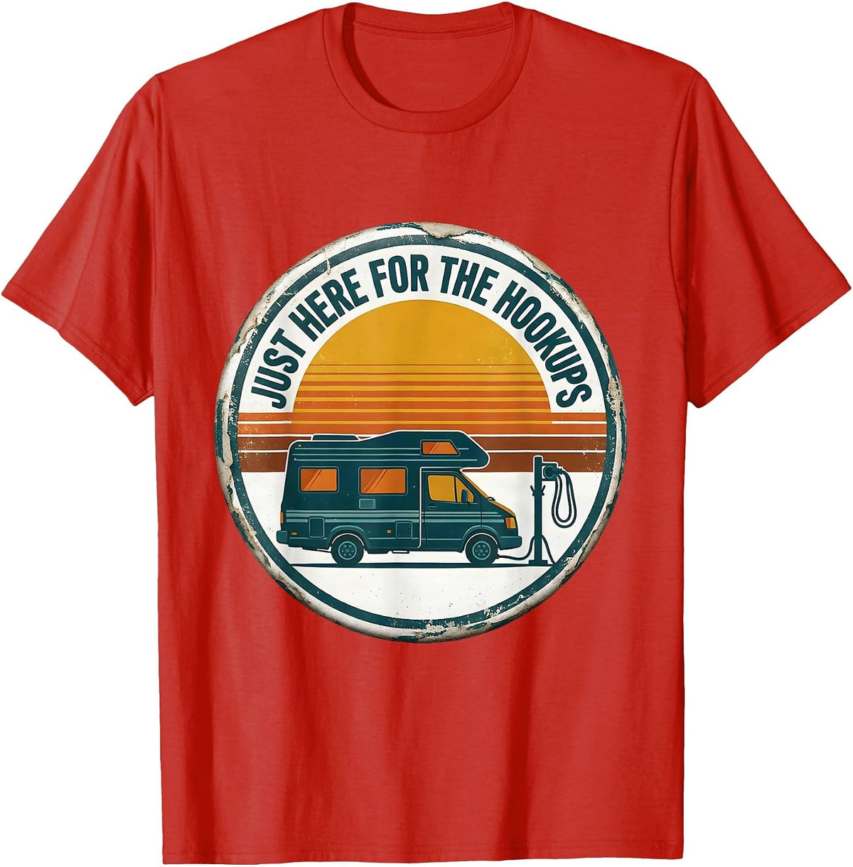 Men's Just Here For The Hookups Retro Van Life Nomad Badge T-Shirt - Red