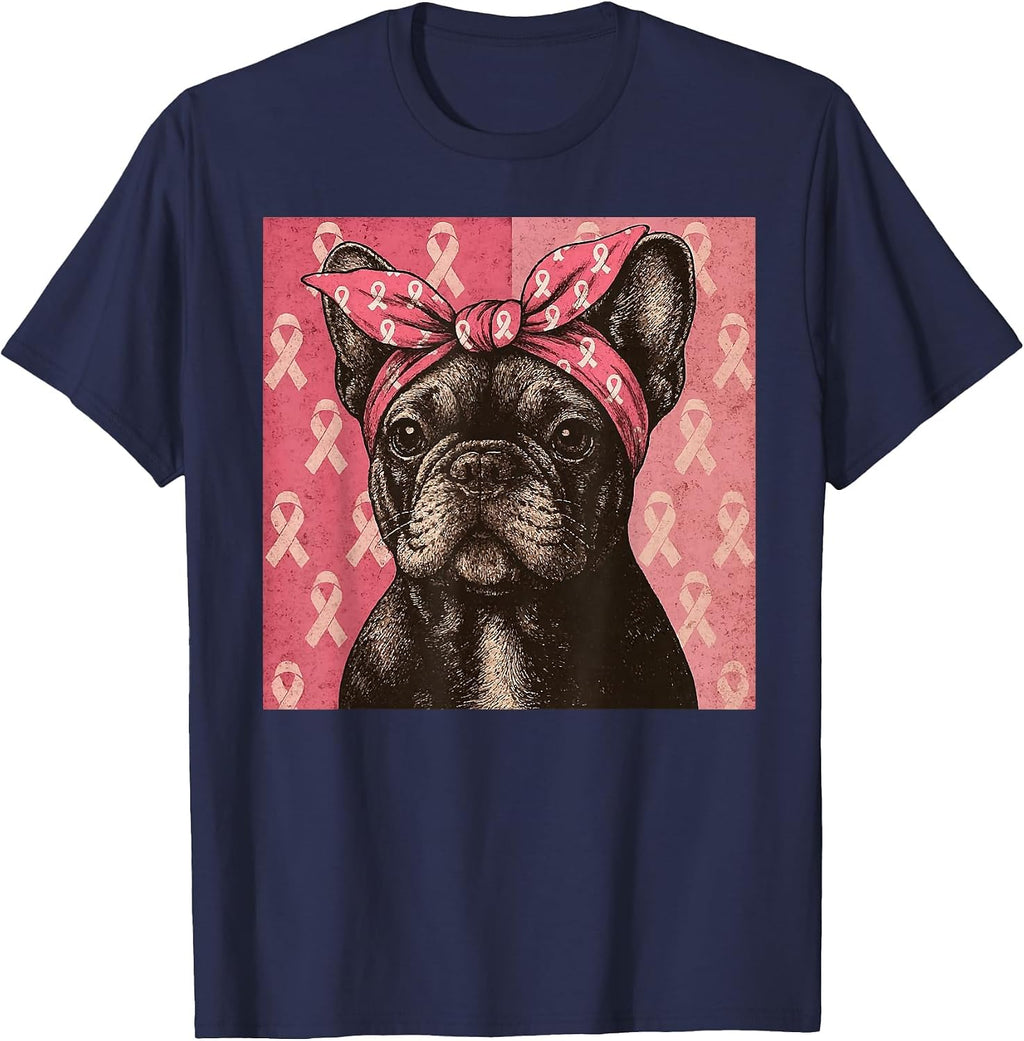Pink Ribbon French Bulldog Breast Cancer Awareness T-Shirt - Navy Blue