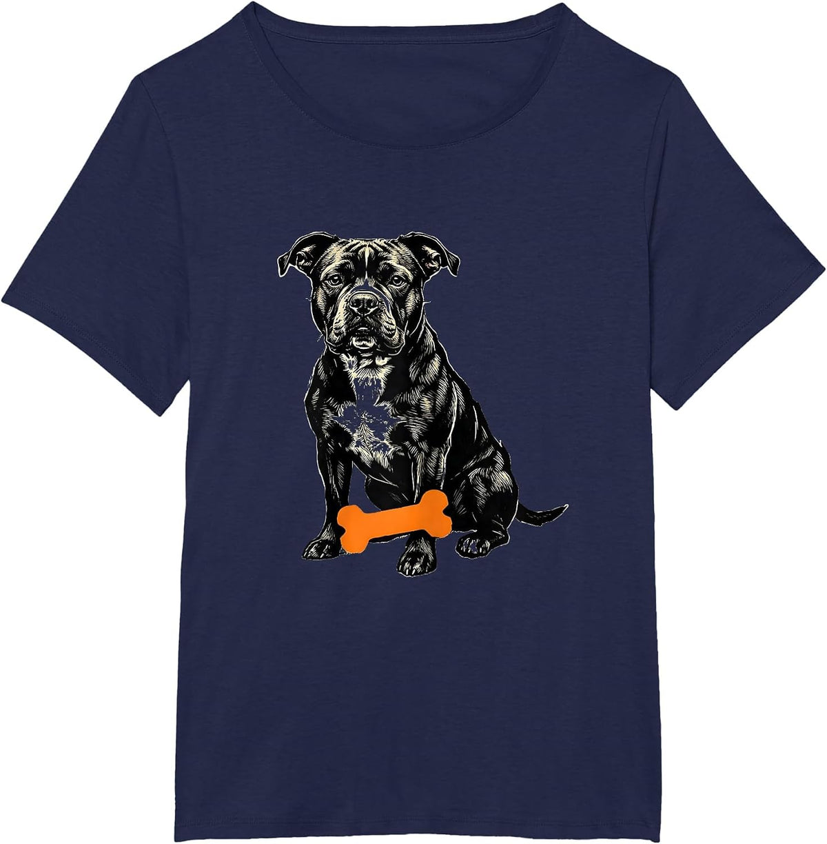 Women's Pitbull Ghost Pumpkin Linocut Dog Lover Halloween T-Shirt - Navy Blue