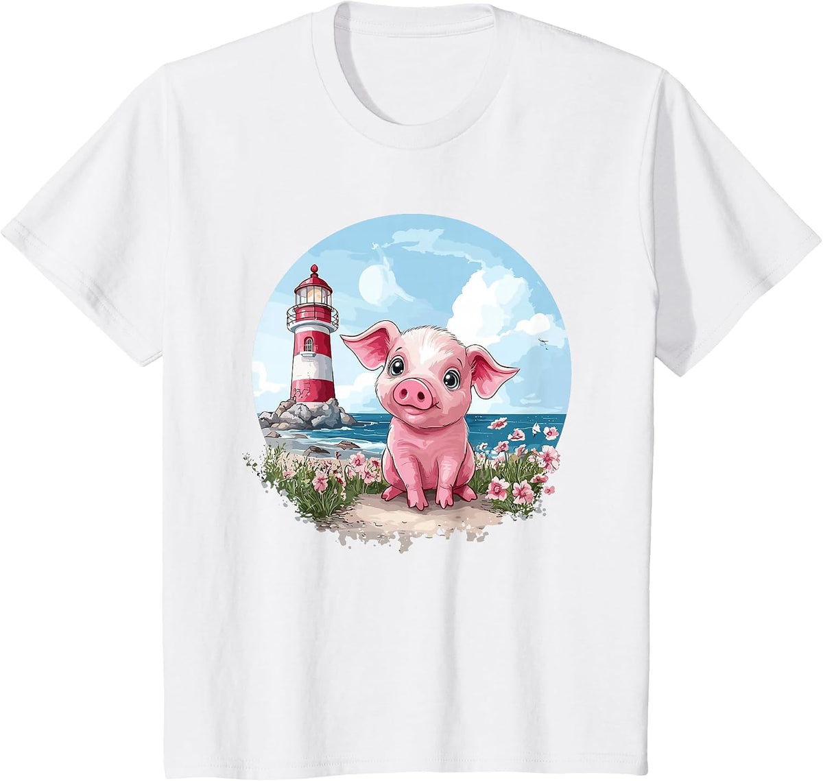 Adorable Piglet By The Lighthouse T-Shirt - White