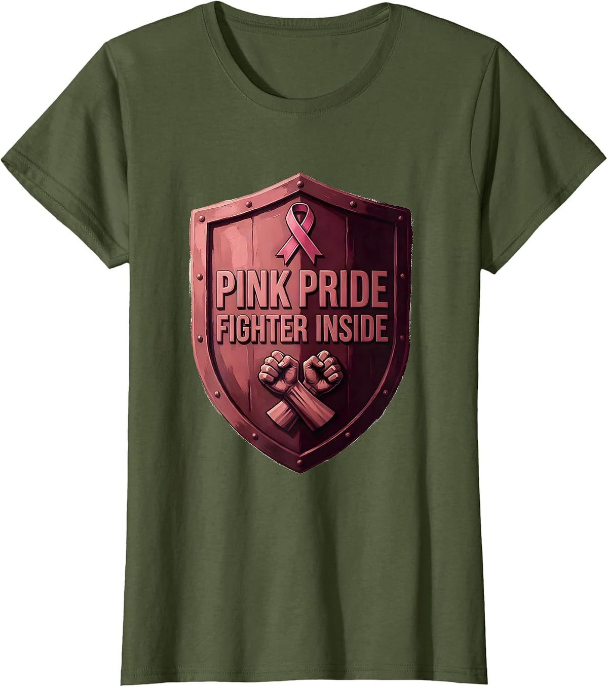 Women's Pink Pride Fighter Breast Cancer Awareness Design T-Shirt - Olive Green