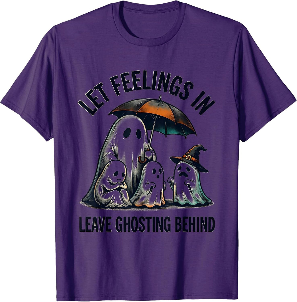 Men's Let Feelings In, Leave Ghosting Behind Funny Ghost Halloween T-Shirt - Purple