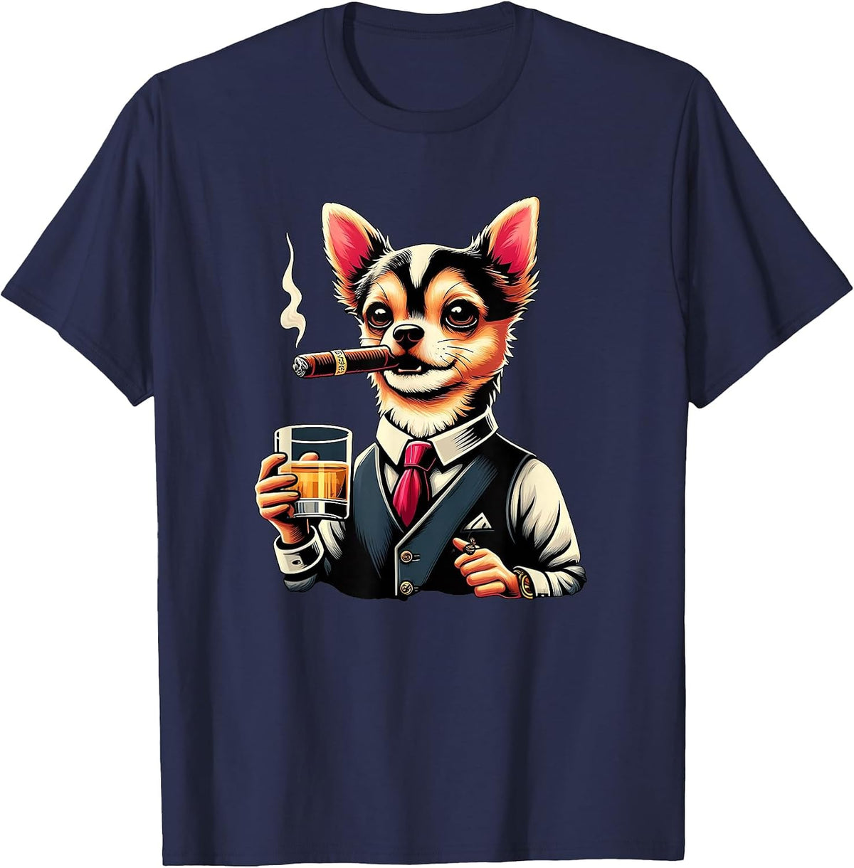 Chihuahua Dog Cigar and Whiskey T-Shirt - Navy Blue