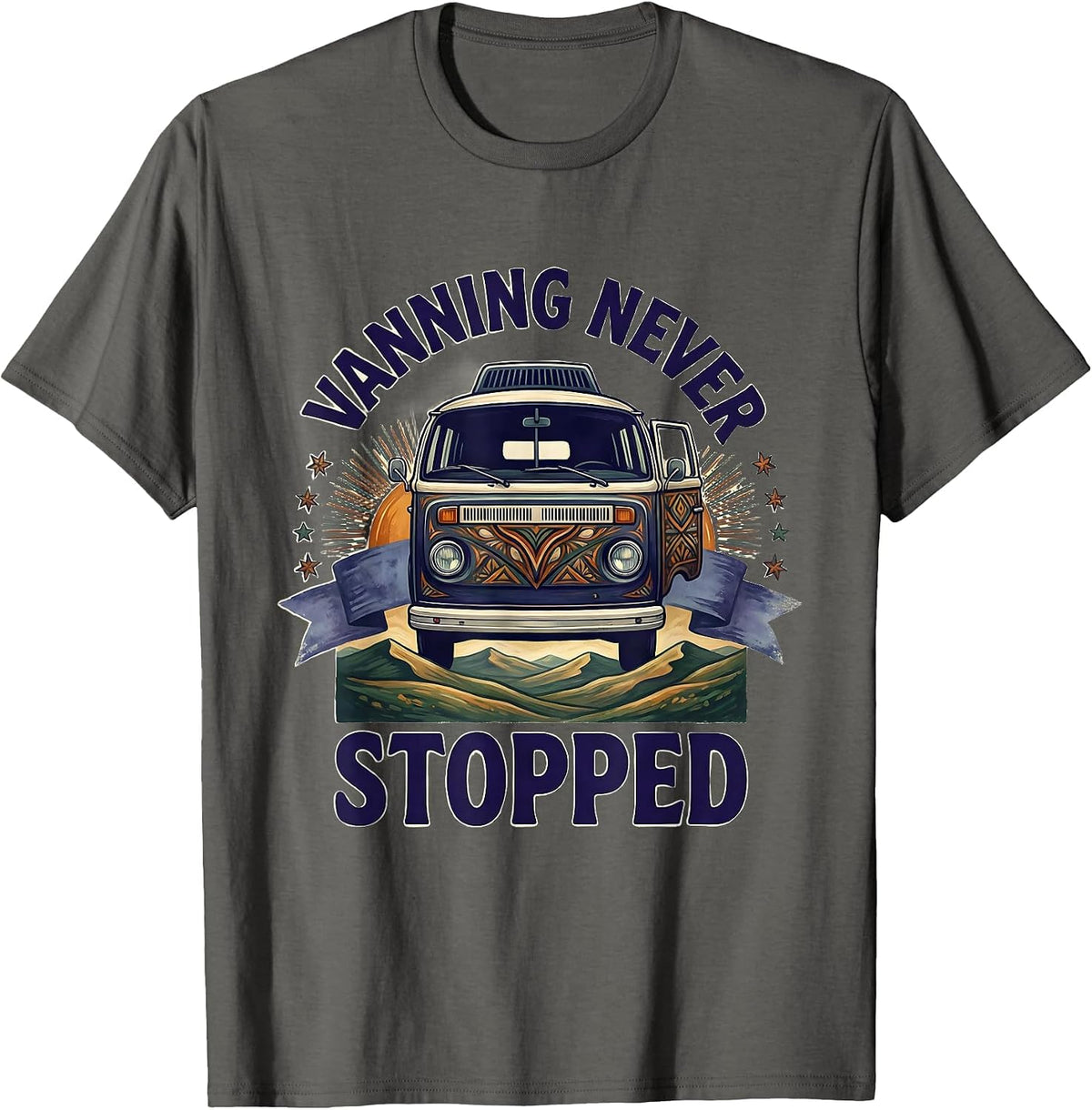 Men's Vanning Never Stopped Folk Art Van Life Retro Road Trip T-Shirt - Asphalt Grey