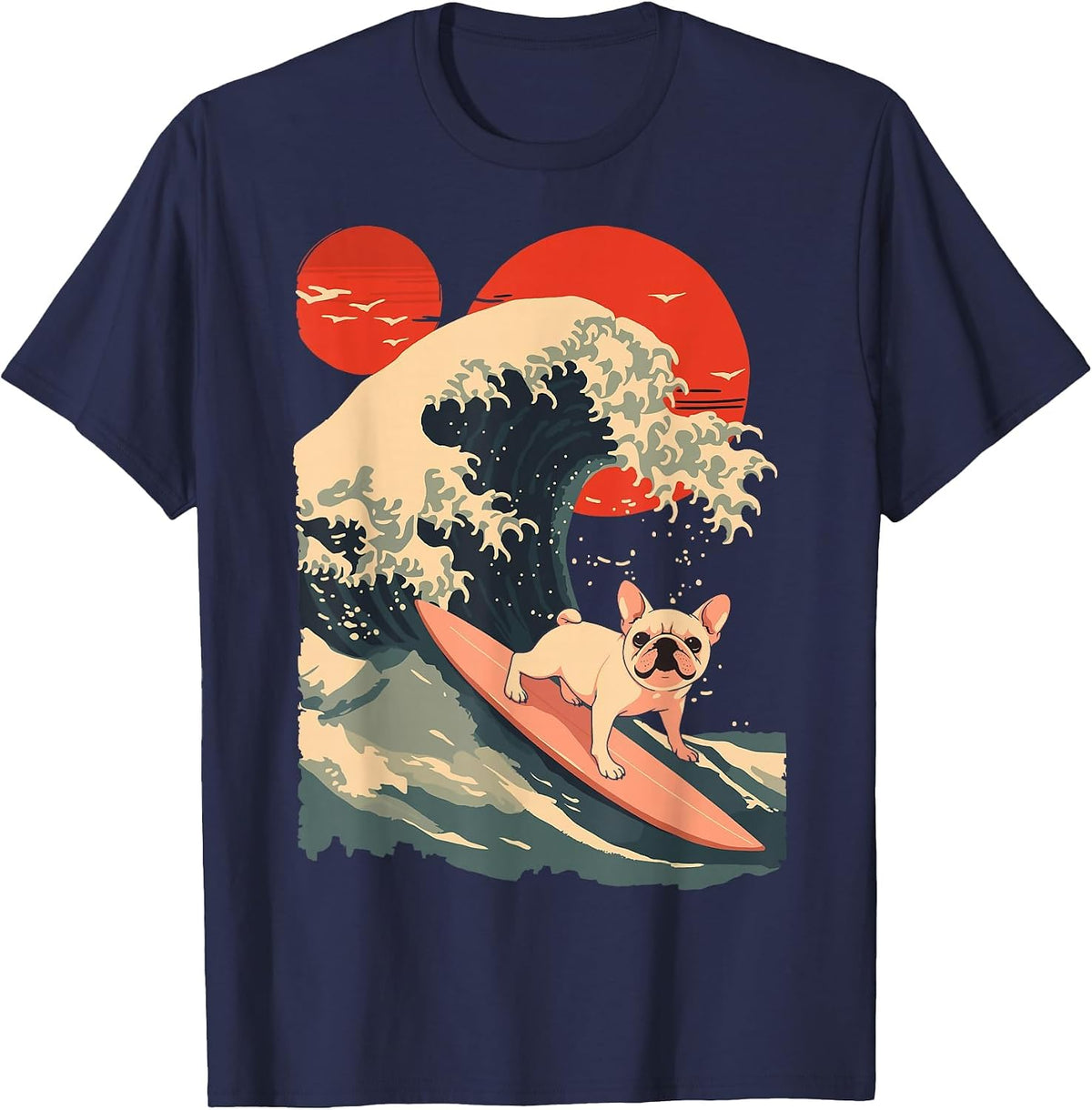 French Bulldog Surfing Japanese T-Shirt - Navy Blue