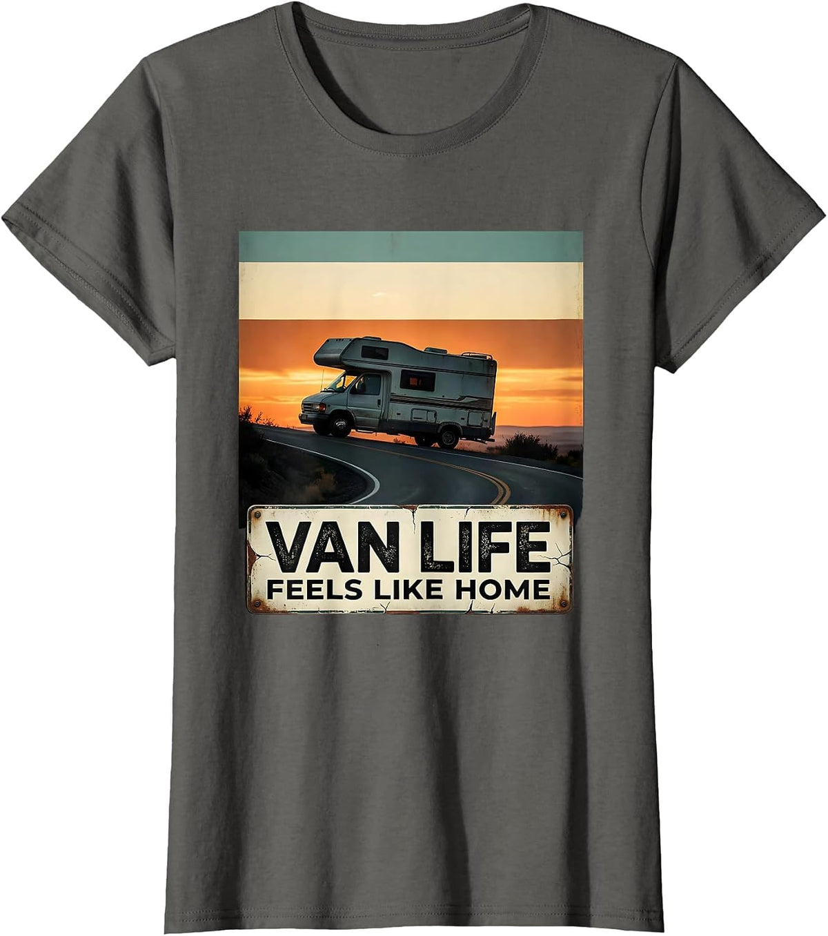 Women's Van Life Feels Like Home Distressed Van Dwellers Nomad Pride T-Shirt - Asphalt Grey