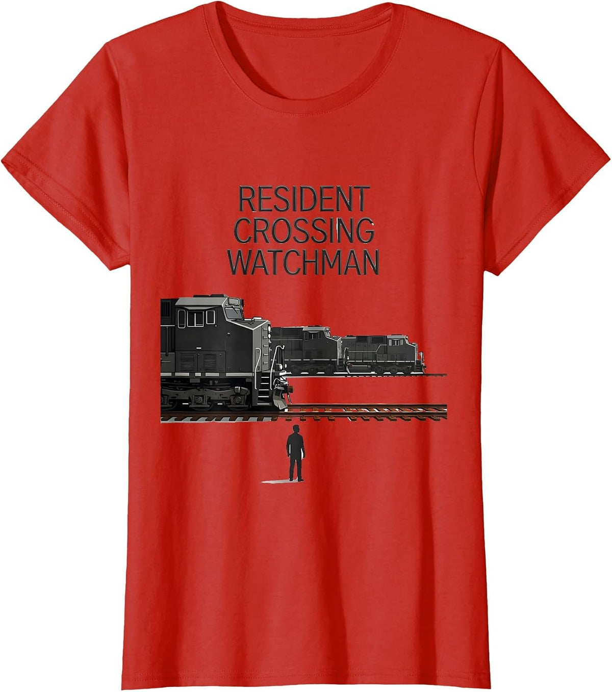 Women's Resident Crossing Watchman Minimalist Train Enthusiast Humor T-Shirt - Red