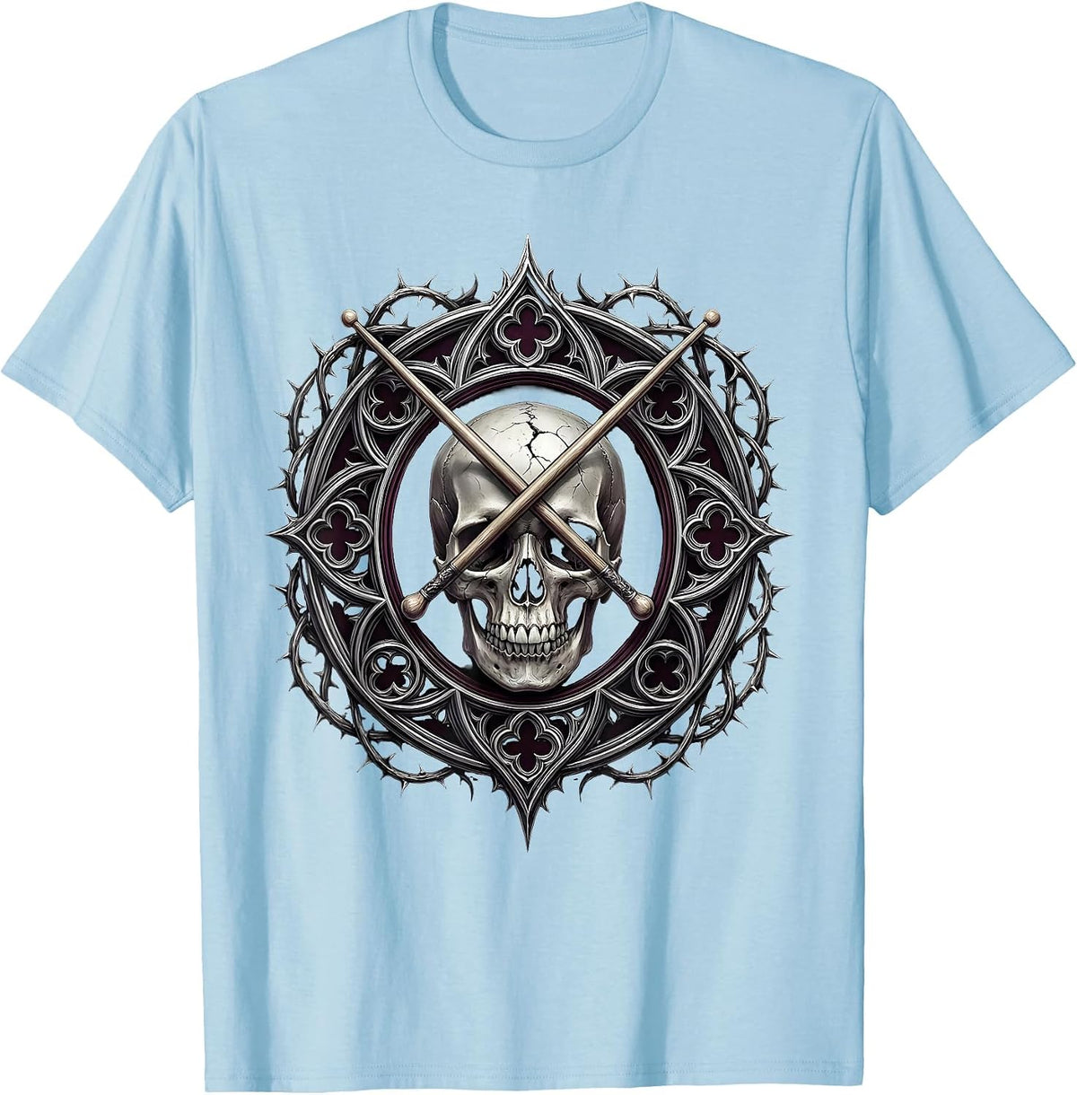 Men's Crossed Drumsticks Cracked Skull Vintage Rock Design T-Shirt - Baby Blue
