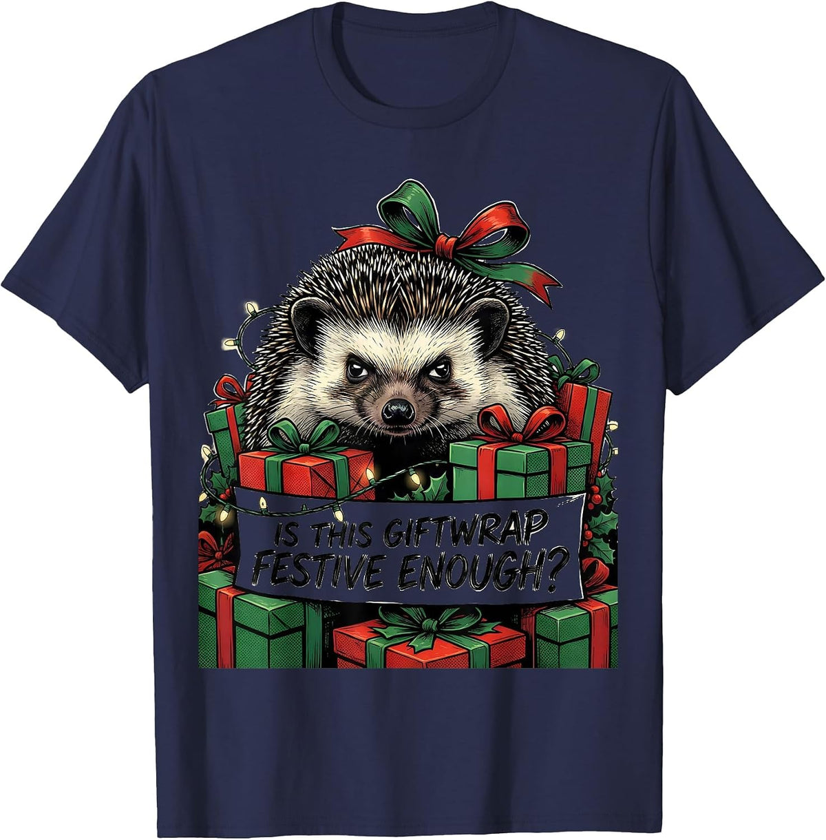 Men's Is This Giftwrap Festive Enough Comic Book Grumpy Hedgehog T-Shirt - Navy Blue