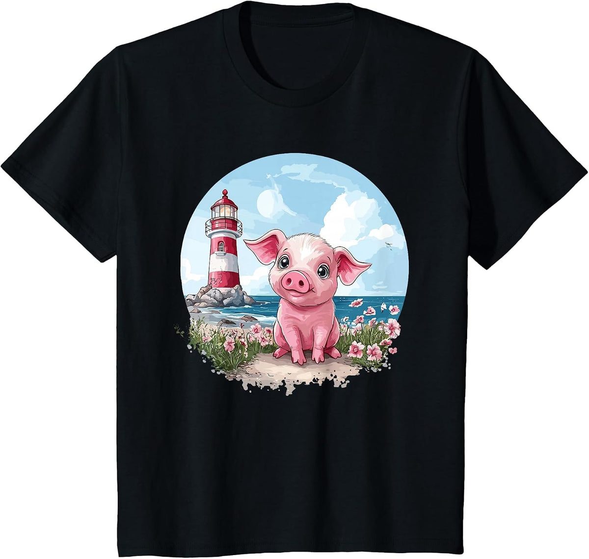 Adorable Piglet By The Lighthouse T-Shirt - Black