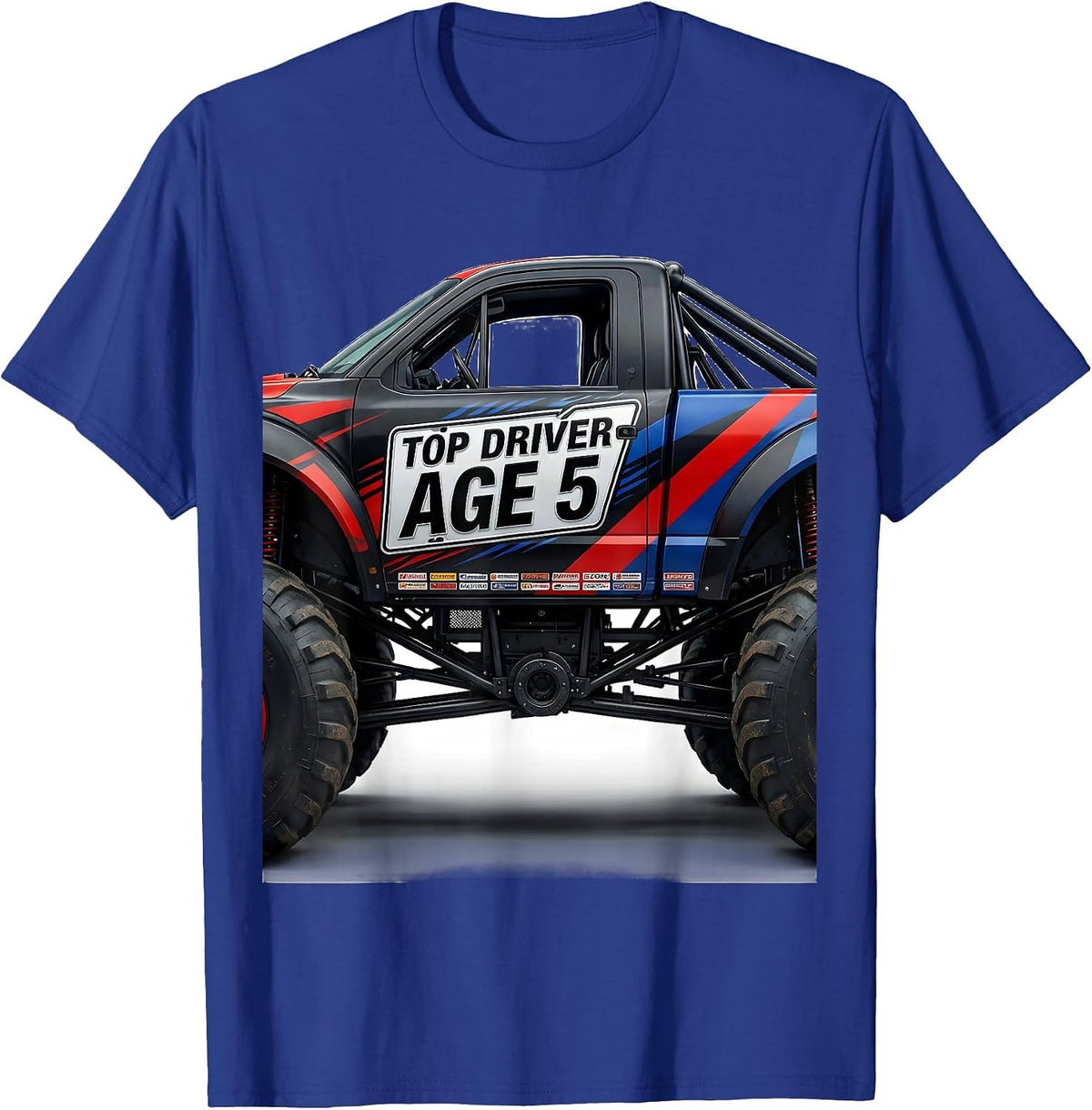 TOP DRIVER AGE 5 Monster Truck Birthday Boy Party Keepsake T-Shirt - Royal Blue