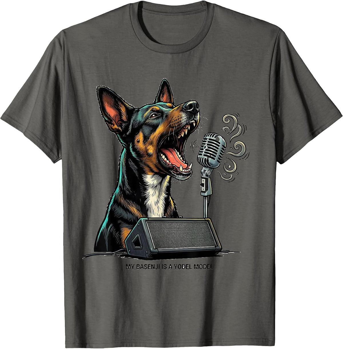 My Basenji Is A Yodel Model Funny Dog Lover Gift T-Shirt - Asphalt Grey
