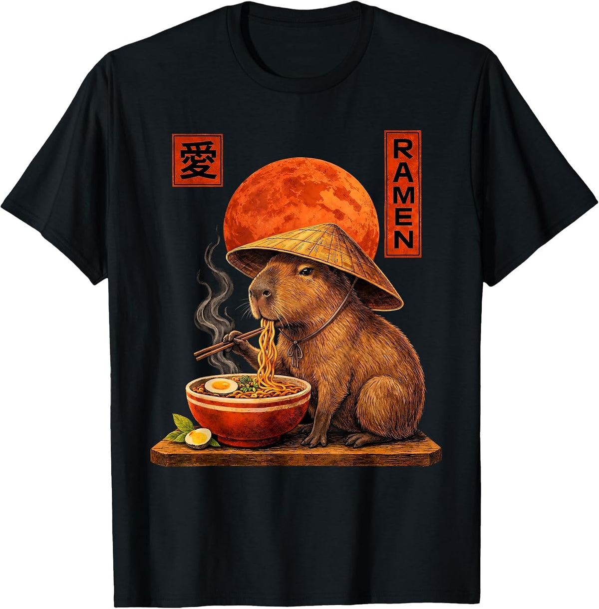 Capybara Ramen Japanese Art Funny Anime Graphic Tee Kawaii T-Shirt - Black