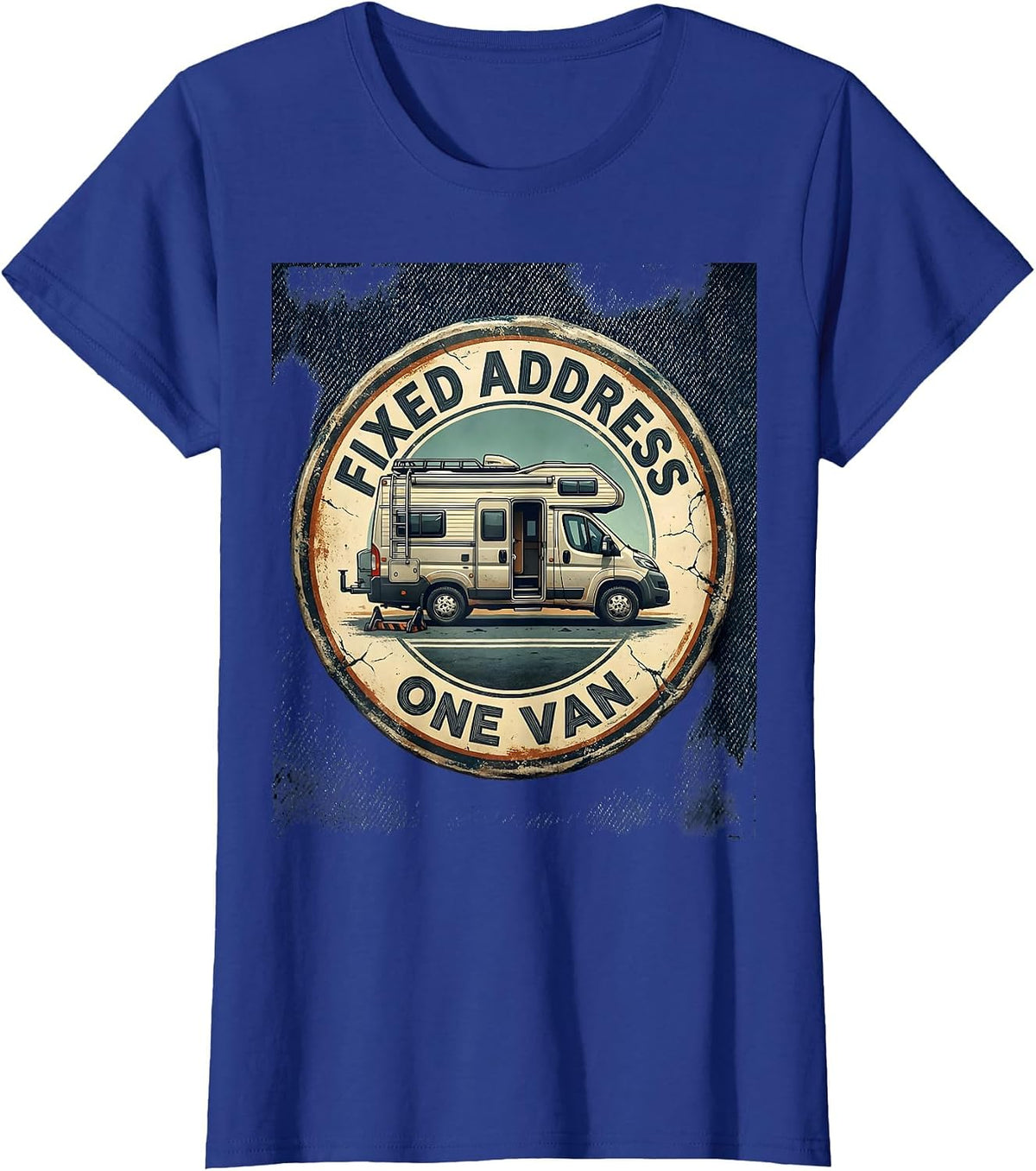 Women's Fixed Address One Van Distressed Van Life Nomad Road Trip T-Shirt - Royal Blue