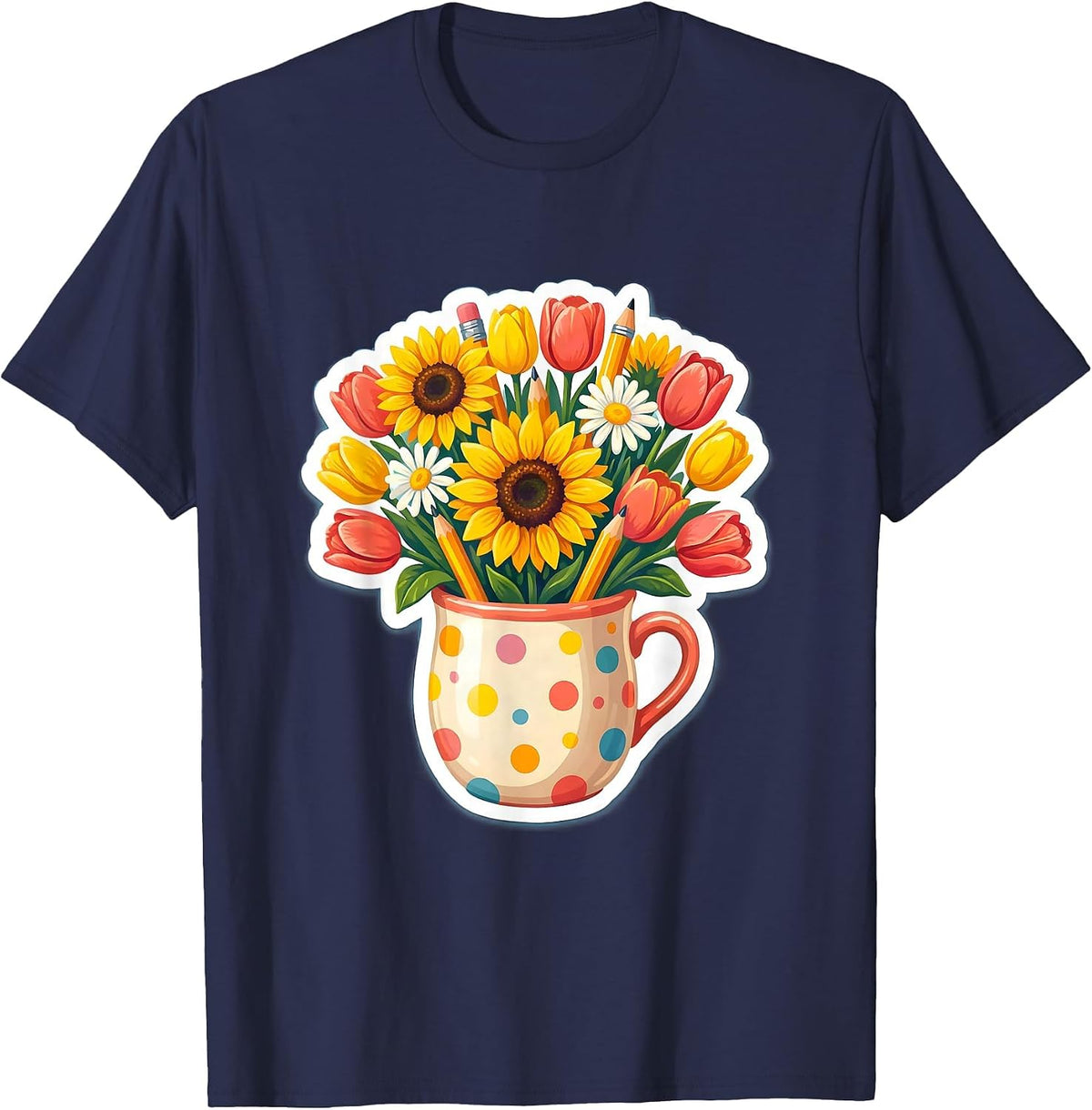 Friyay Teacher Floral Pencil Cup Illustration T-Shirt - Navy Blue