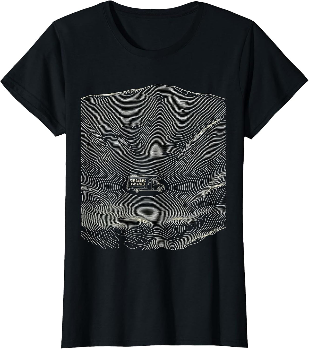 Women's Four Gallons Lasts A Week Retro Van Life Nomad Travel Pride T-Shirt - Black