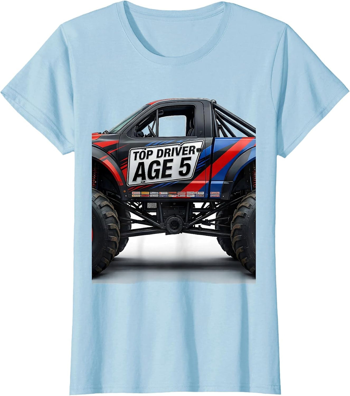 TOP DRIVER AGE 5 Monster Truck Birthday Boy Party Keepsake T-Shirt - Baby Blue