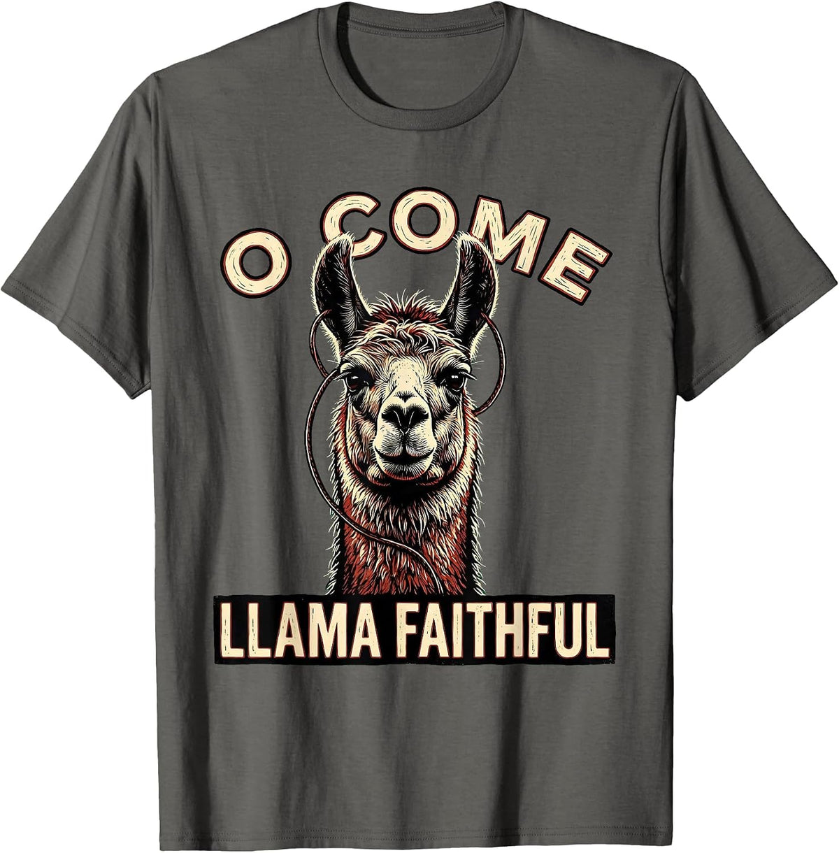 O Come Llama Faithful Funny Christmas Llama Lover Gift T-Shirt - Asphalt Grey