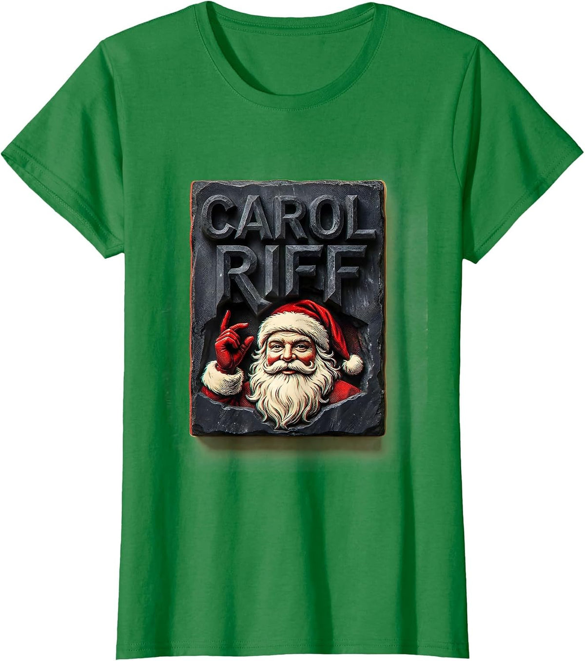 Women's Carol Riff Funny Heavy Metal Santa Claus Rock On Christmas T-Shirt - Kelly Green