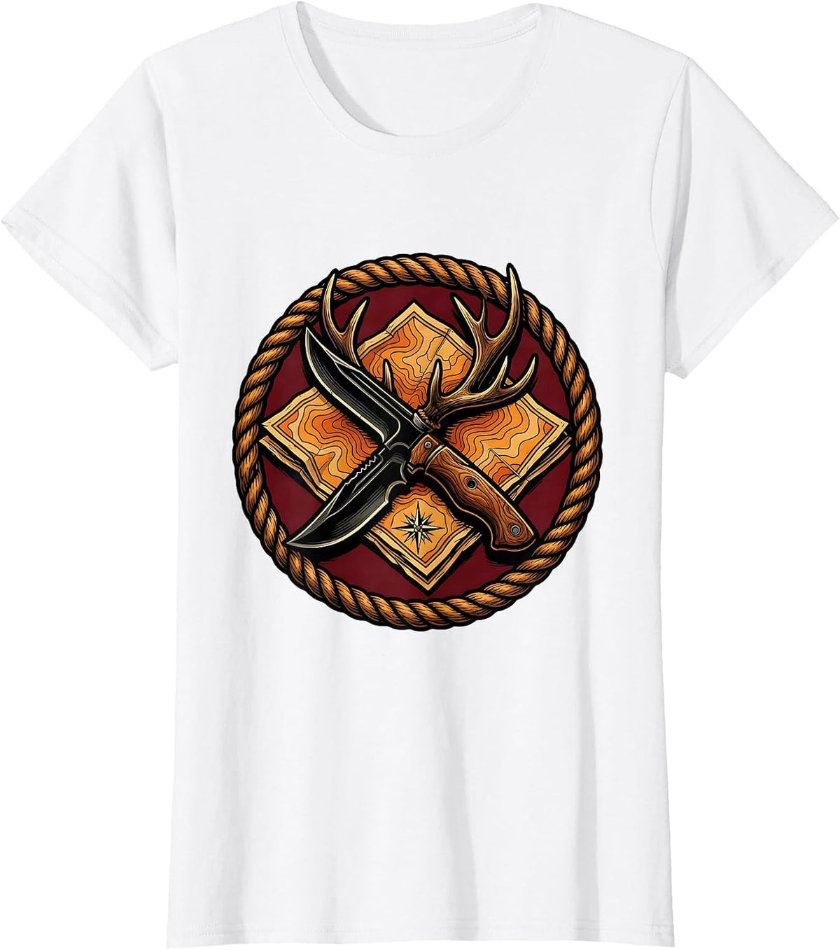 Knife and Antler on Map Hunting Graphic T-Shirt - White