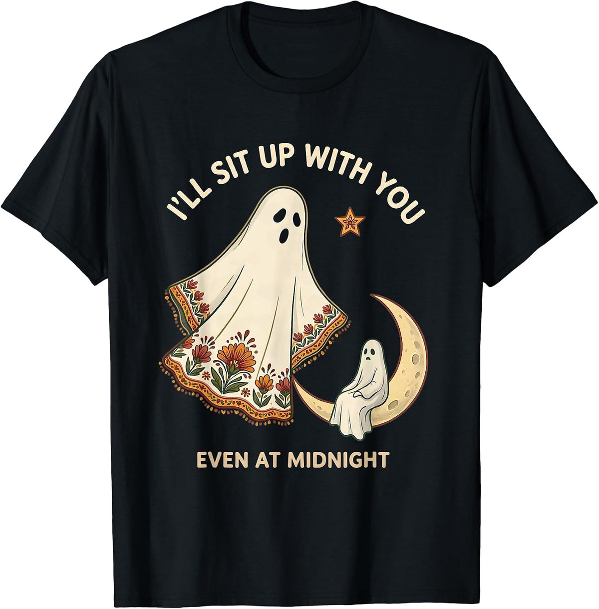 Men's I'll Sit Up With You, Even At Midnight Folk Art Ghost T-Shirt - Black