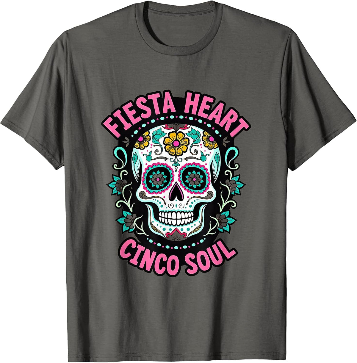 Fiesta Heart Cinco Soul Celebration Design T-Shirt - Asphalt Grey
