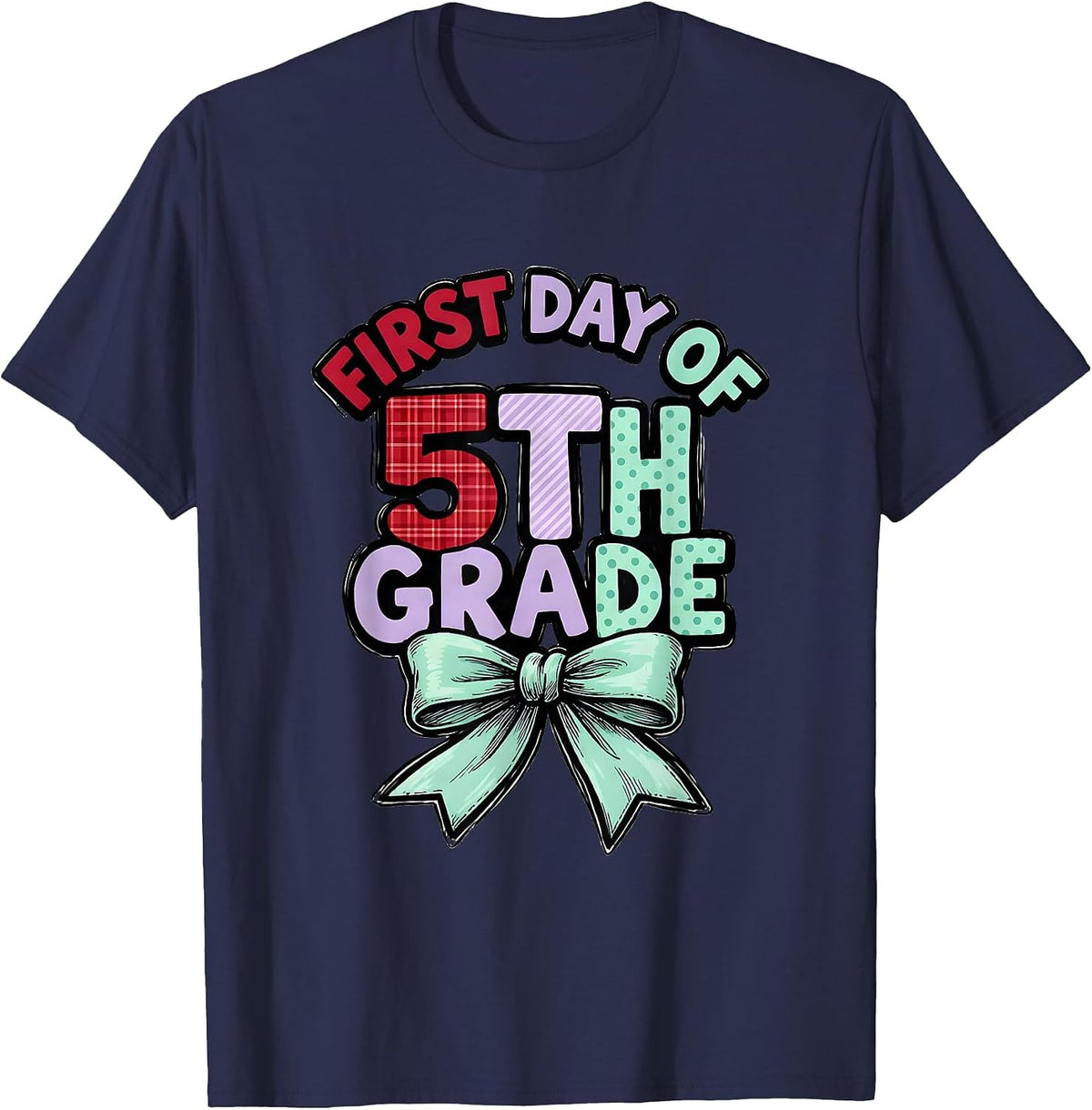 Men's First Day Of 5th Grade Coquette Bow Teacher Girl Back To T-Shirt - Navy Blue