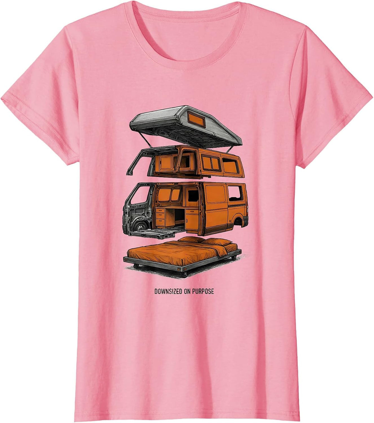 Women's Downsized On Purpose Retro Van Life Nomads Camper Van T-Shirt - Pink