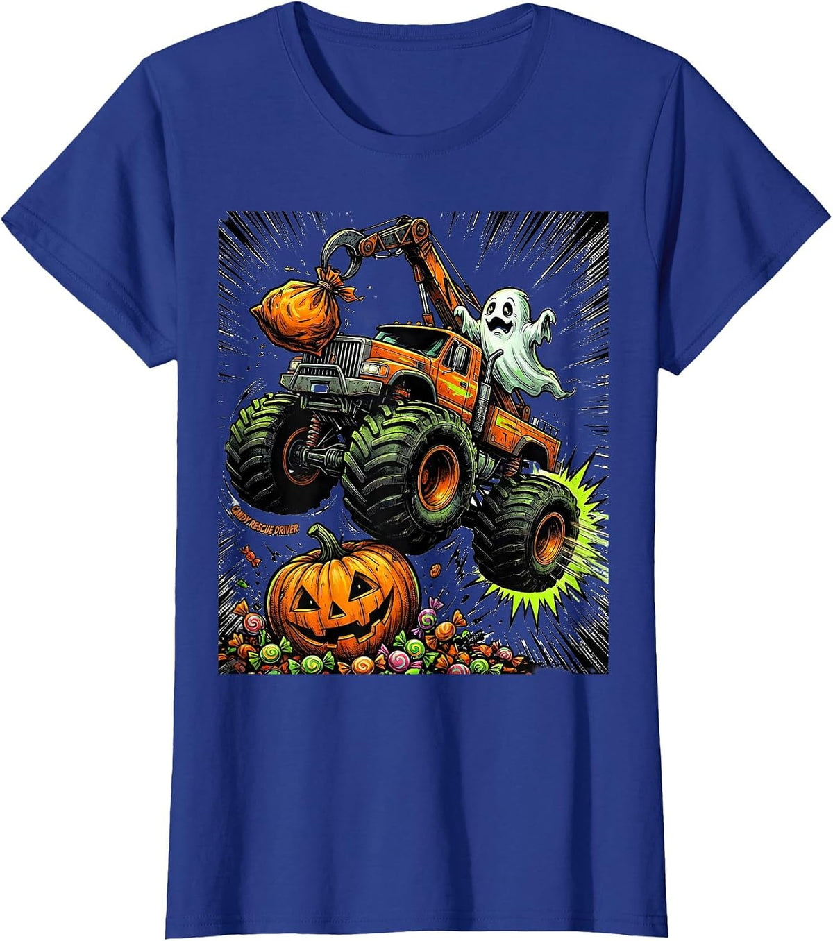 Women's Candy Rescue Driver Comic Book Monster Truck Halloween T-Shirt - Royal Blue