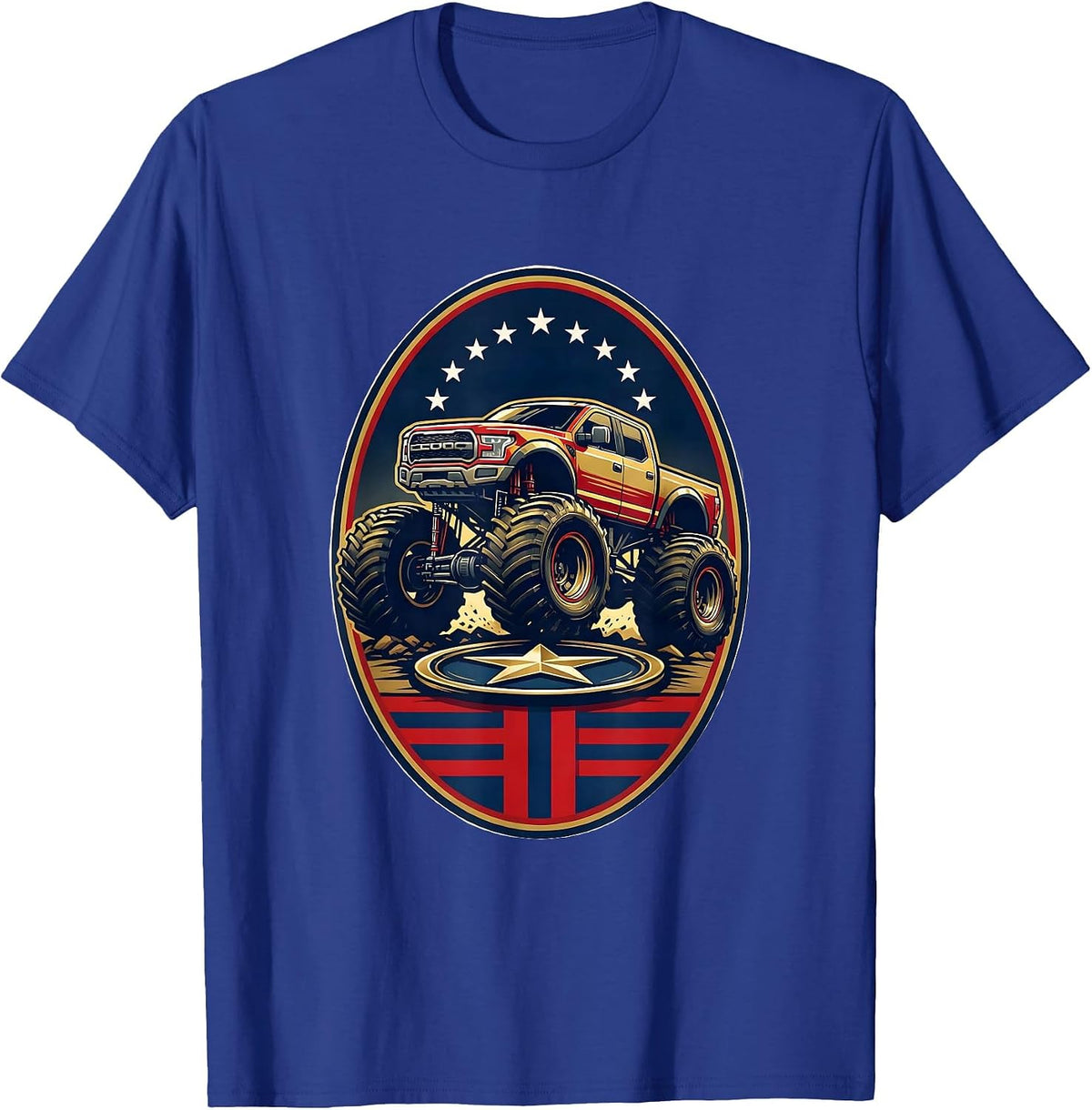 Monster Truck Star Crushing Oval Crest Patriotic Pride T-Shirt - Royal Blue