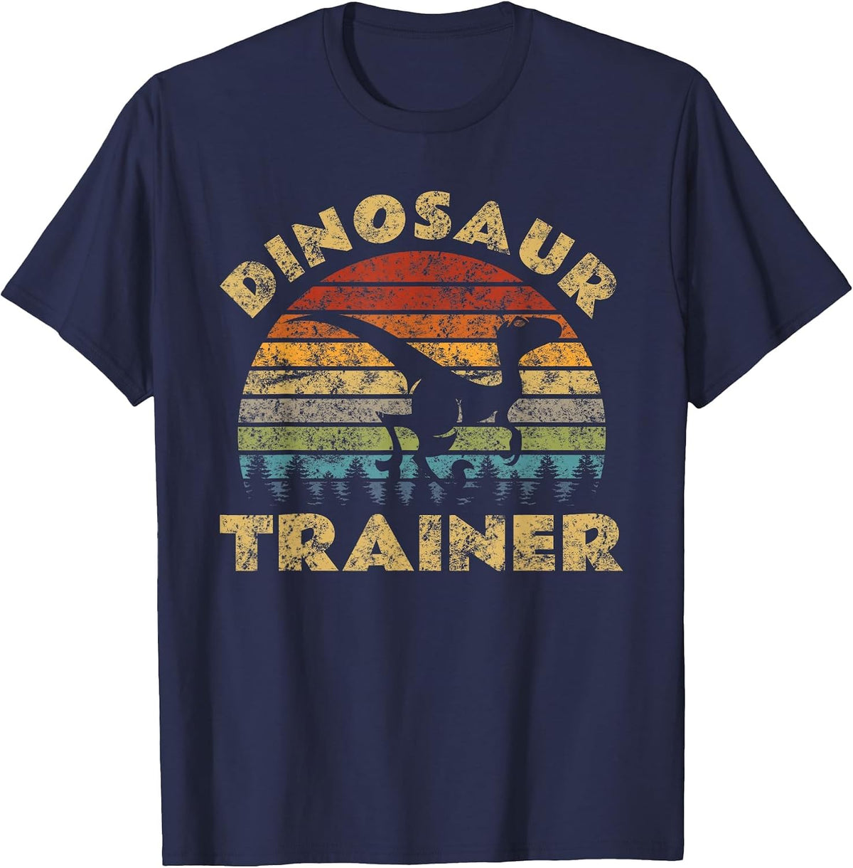 Vintage Dinosaur Trainer Halloween Costume Retro Sunset Dino T-Shirt - Navy Blue