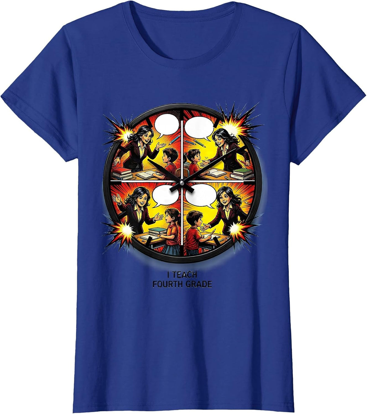 Women's I Teach Fourth Grade Comic Book Teacher Back To School Staff T-Shirt - Royal Blue