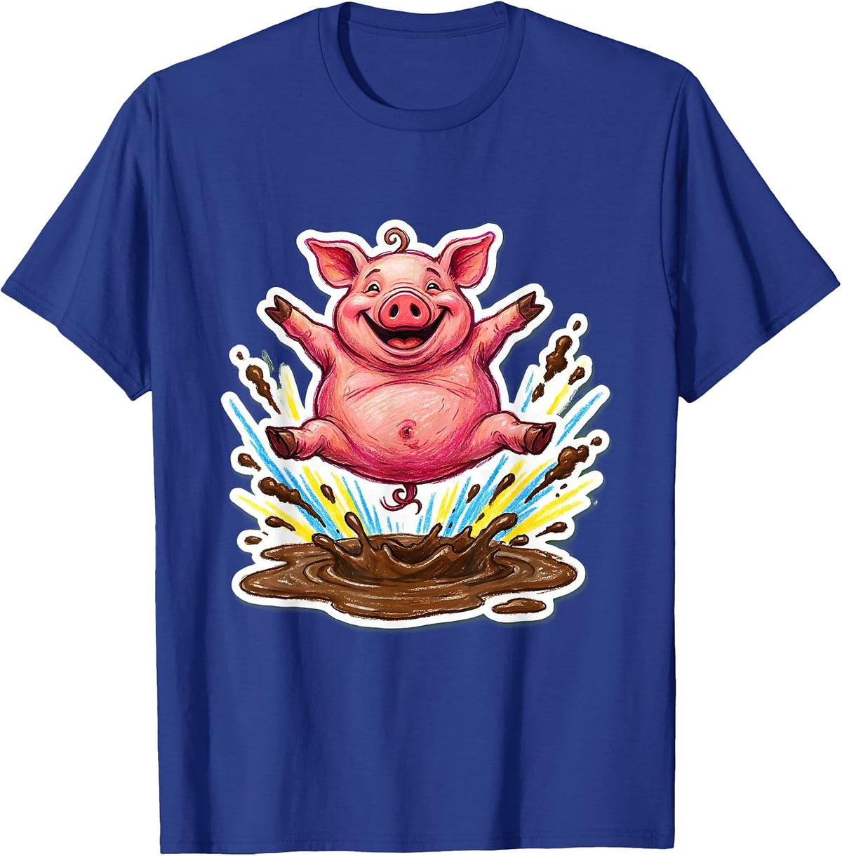 Men's Pig Belly Flop Into Mud Funny Animal Design T-Shirt - Royal Blue