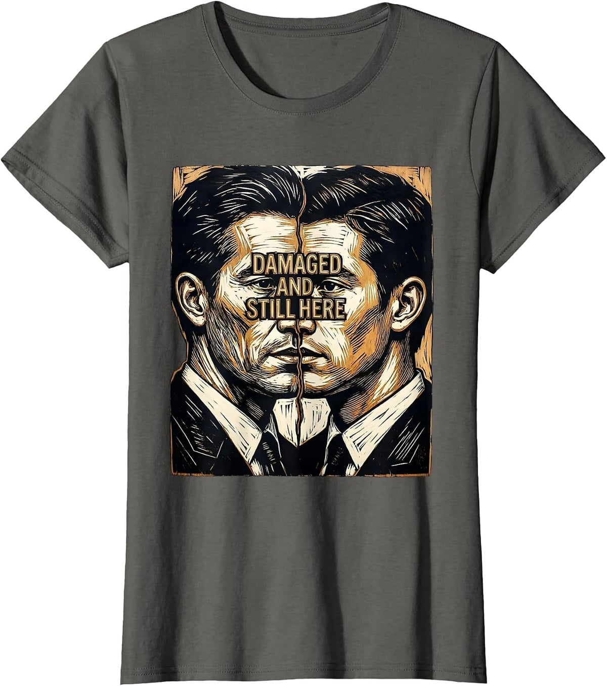 Women's Damaged And Still Here Linocut Mental Health Awareness T-Shirt - Asphalt Grey
