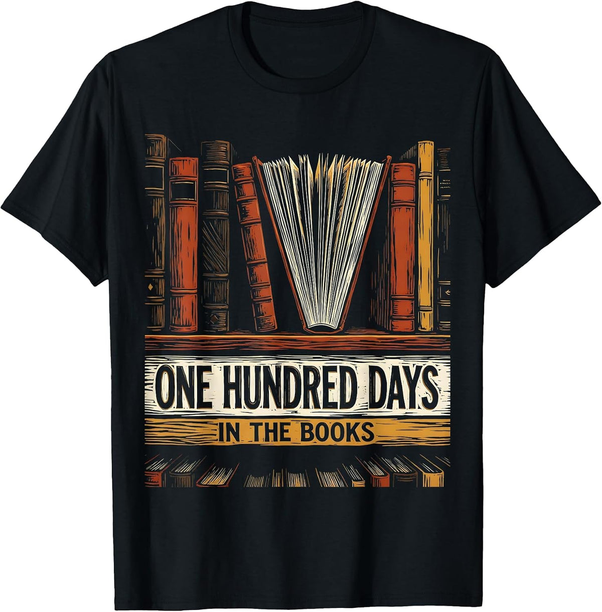 Men's One Hundred Days In The Books Linocut Reading Teacher 100th T-Shirt - Black