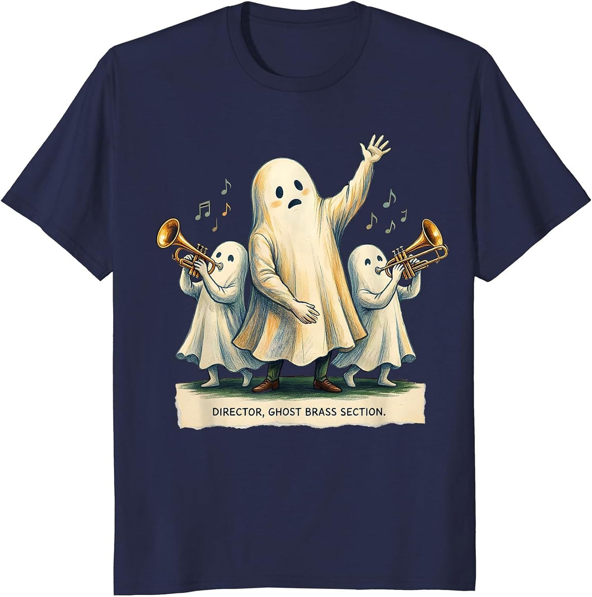 Director Ghost Brass Section Whimsical Music Teacher T-Shirt - Navy Blue