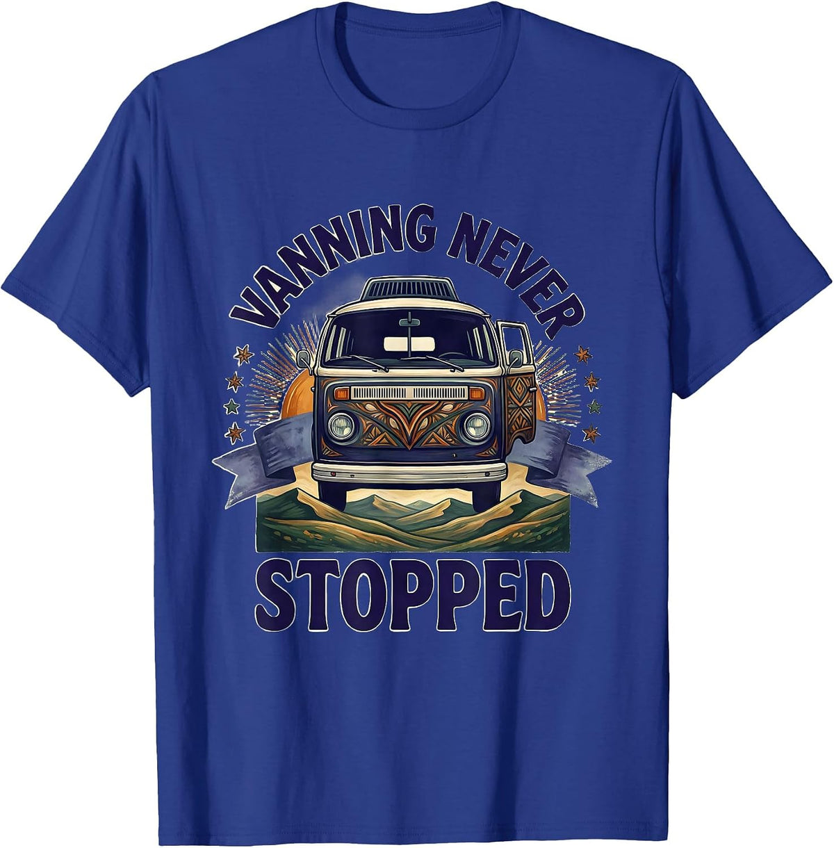 Men's Vanning Never Stopped Folk Art Van Life Retro Road Trip T-Shirt - Royal Blue