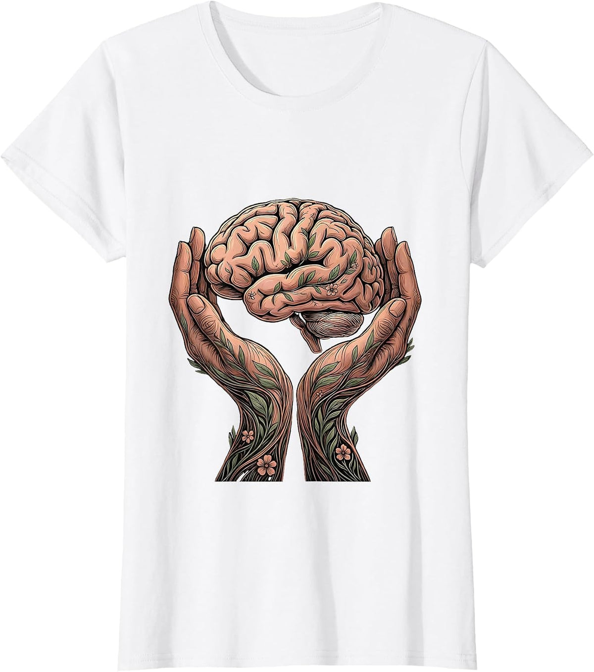 Women's Cupped Hands Glowing Brain Mental Health Graphic T-Shirt - White