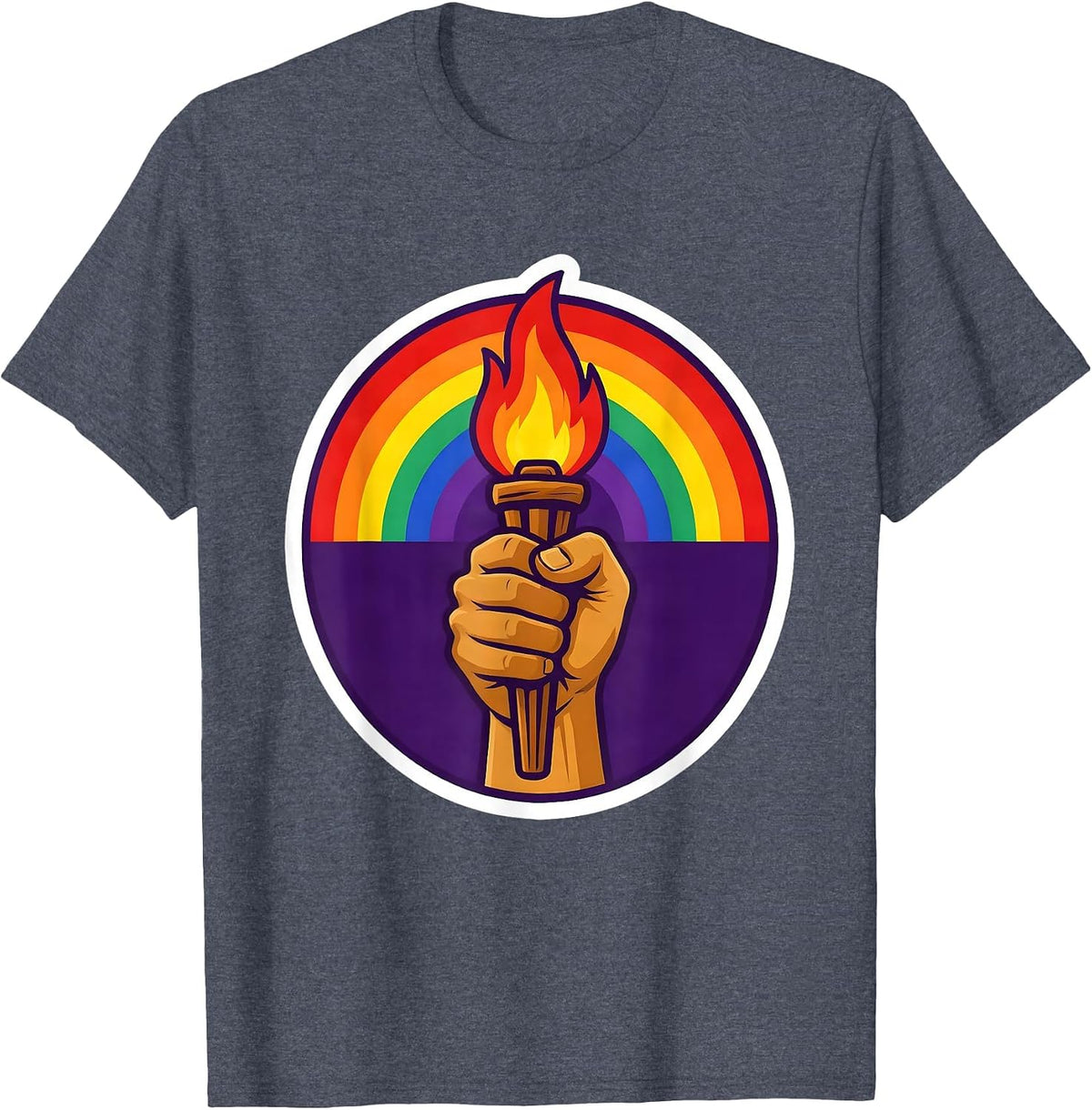 Pride Rainbow Torch Raised Fist Illustration T-Shirt - Heather Blue
