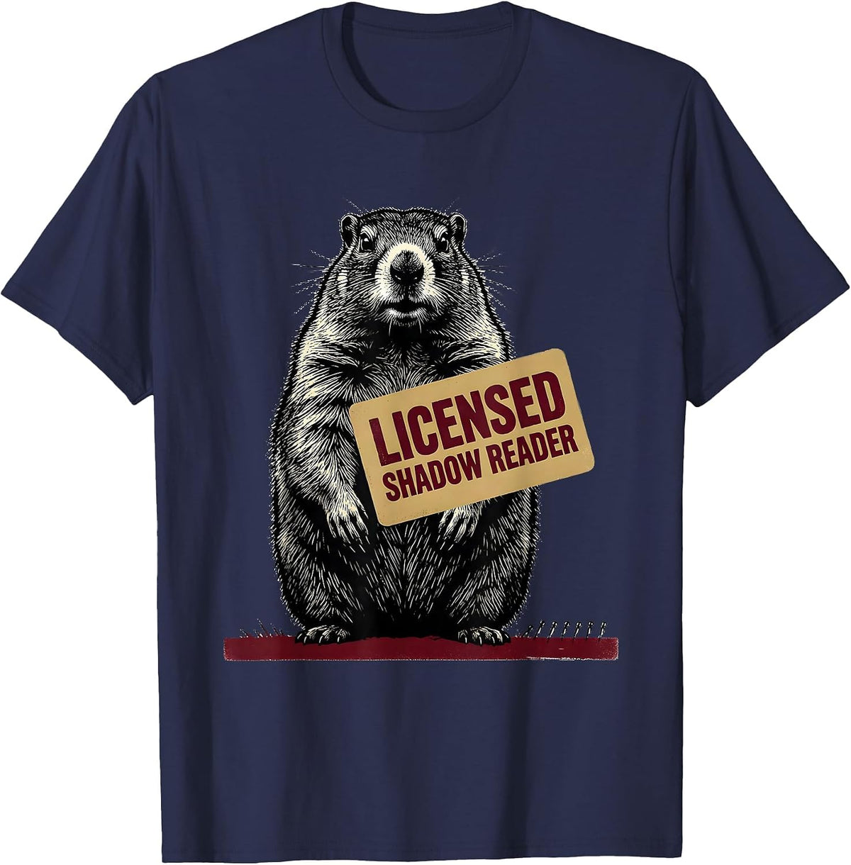 Licensed Shadow Reader Funny Groundhog Day Vintage Badge T-Shirt - Navy Blue