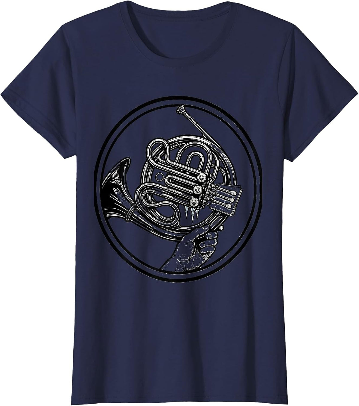 Women's French Horn Badge Line Art Band Player Humor T-Shirt - Navy Blue