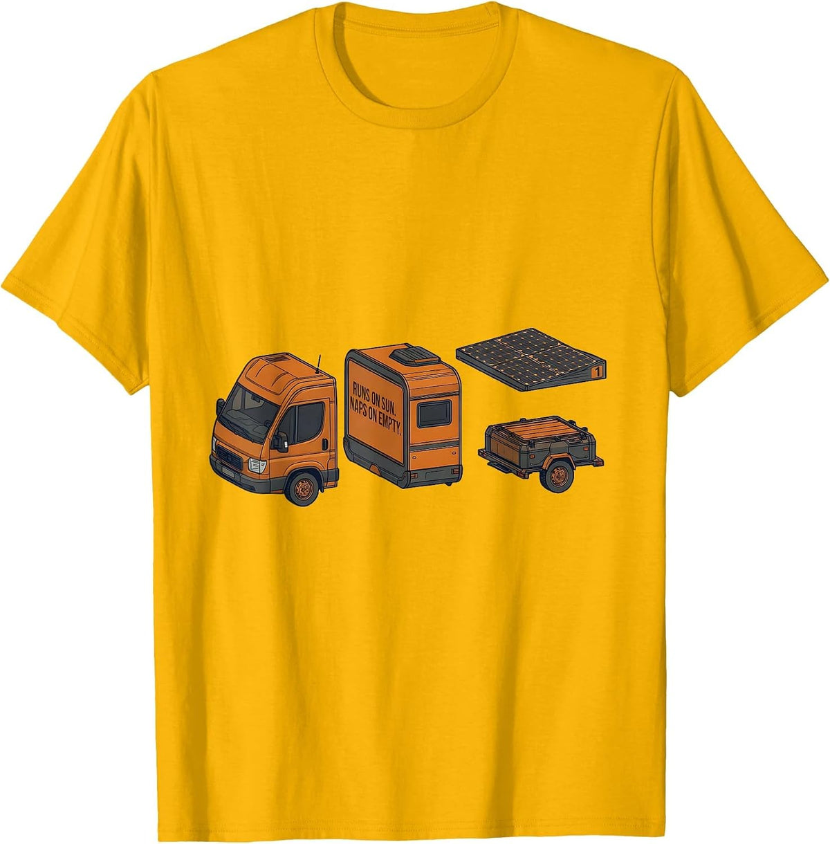 Runs On Sun Naps On Empty Retro Van Life Nomad Travel Pride T-Shirt - Golden Yellow