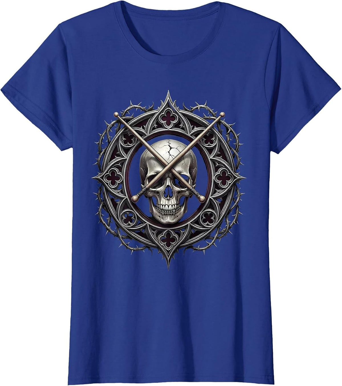 Women's Crossed Drumsticks Cracked Skull Vintage Rock Design T-Shirt - Royal Blue