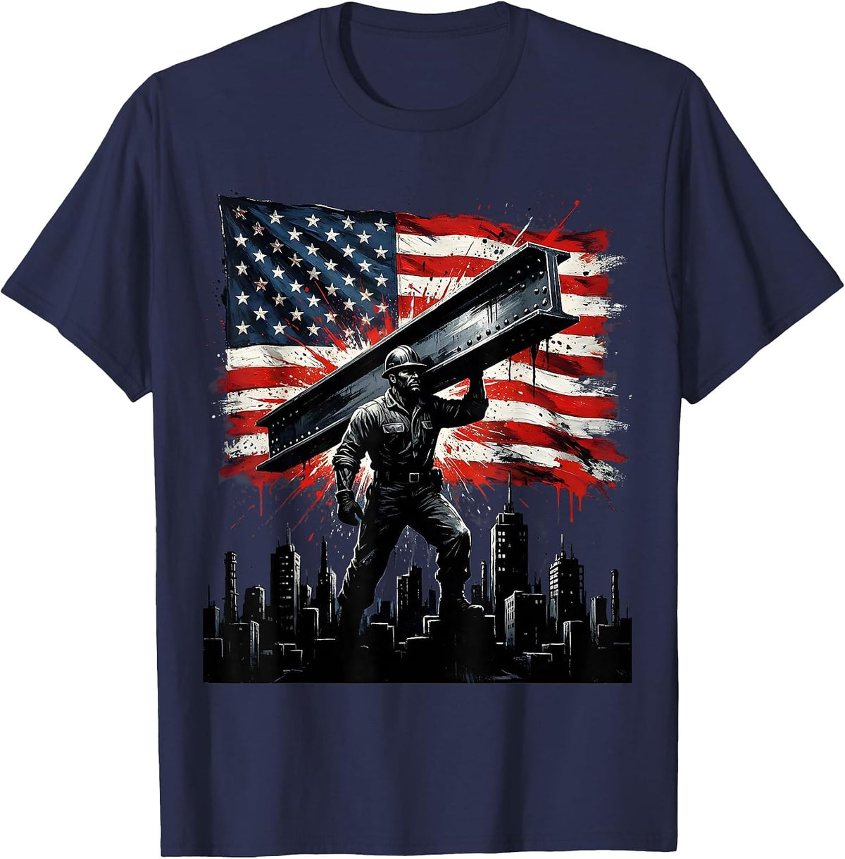 Steelworker Over City Skyline America First Tee T-Shirt - Navy Blue
