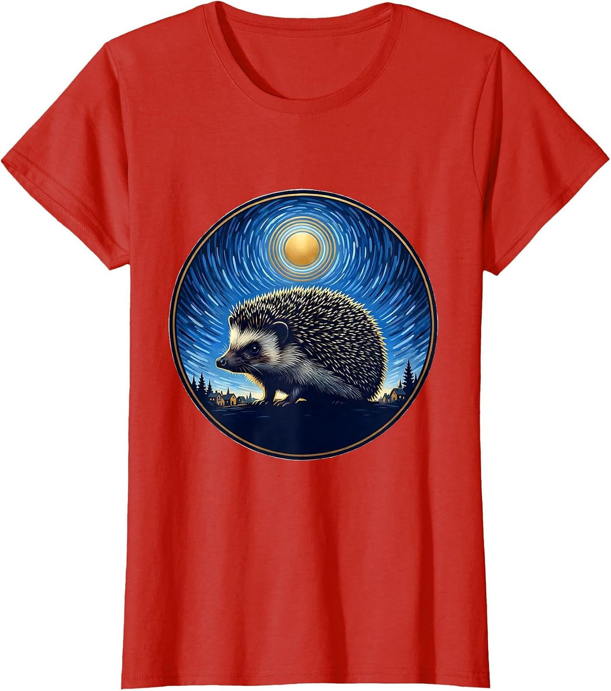 Women's Hedgehog Starry Night Van Gogh Animal Lover Art Parody T-Shirt - Red